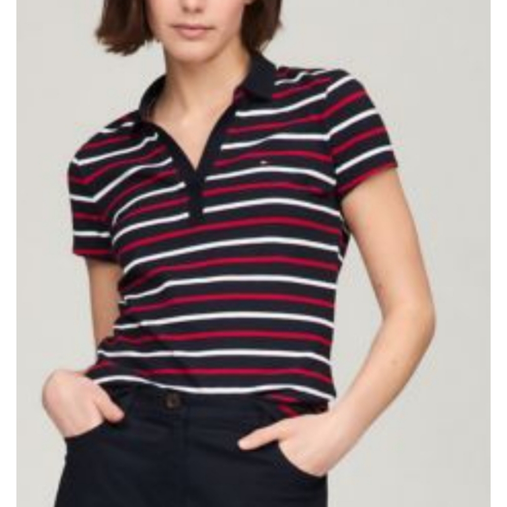 Tommy Hilfiger Navy and Red Striped Polo Tee